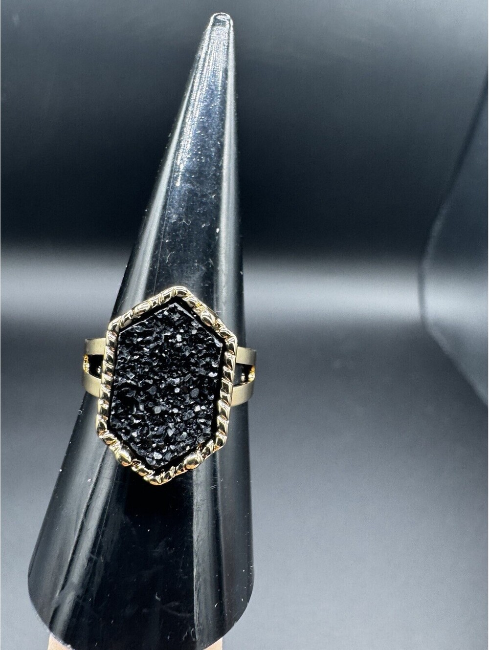 Adjustable Gold Tone Black Druzy Style Ring Geometric Boho Statement Ring New